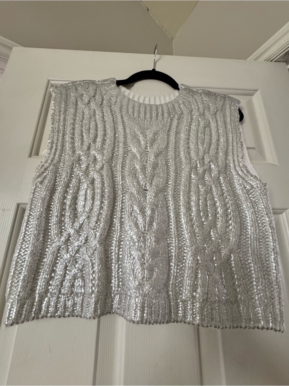 DKNY Metallic Silver Cable Knit Sleeveless Sweater Vest